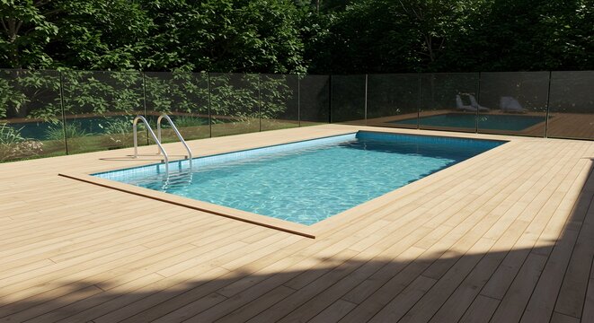 Swimming pool with wooden deck in a modern backyard setting