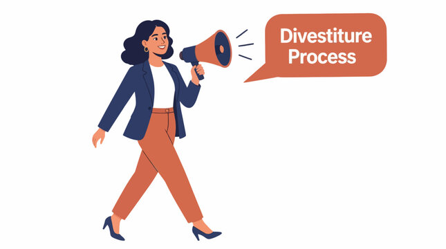 Businesswoman announcing divestiture process with megaphone.