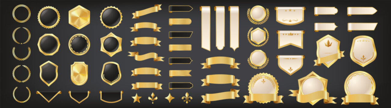 Collection of elegant gold and silver decorative borders seals ribbons and badges isolated on transparent background