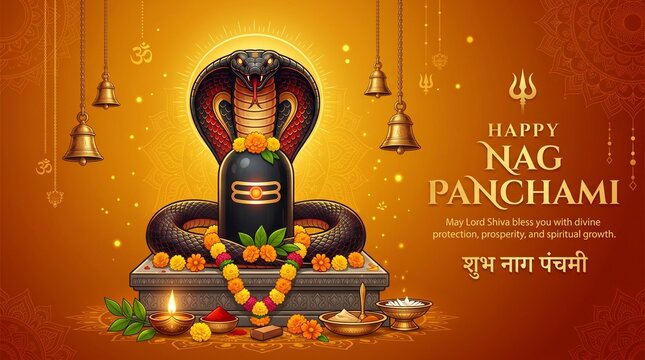 Black cobra snake protecting Shiva lingam with hanging bells on golden background for traditional Hindu festival banner