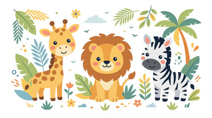 Fototapeta premium Flat vector illustration of a cute baby lion, giraffe, and zebra standing among tropical jungle leaves, palm trees, and flowers on a white background for nursery decor or kids theme.