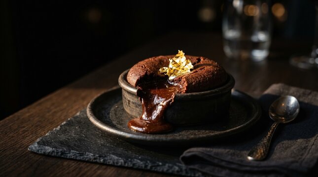 Chocolate lava cake with a flowing molten center is garnished with gold leaf on a dark plate for a luxurious dessert presentation.