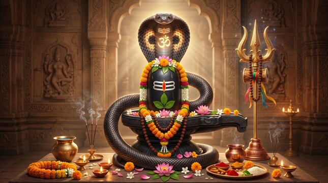 Cobra Worship Surrounding Sacred Shiva Linga in Ancient Temple With Floral Offerings Divine Illumination for Festival Promotion