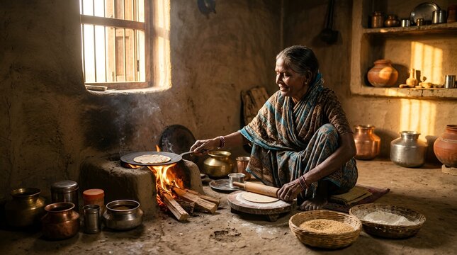 Elderly Indian woman cooking roti on traditional clay stove in rustic kitchen