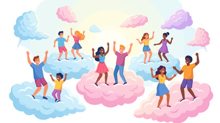 Naklejka premium Diverse group of happy young people and children dancing and jumping on colorful blue and pink pastel clouds in a bright sky. Modern flat vector illustration of joy and freedom.