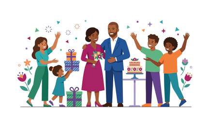 Fototapeta premium Modern flat vector illustration of a happy Black family celebrating an anniversary or birthday with cake, gifts, flowers, and confetti against a clean white background.