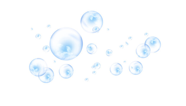 Soap bubbles float in air with cloudy sky reflections