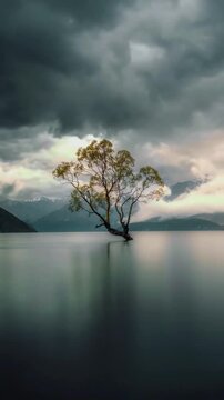 Iconic lone willow tree in Lake Wanaka, New Zealand, under a dramatic moody sky