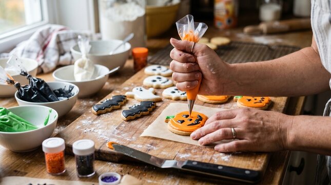 Person decorating Halloween cookies with icing in a kitchen