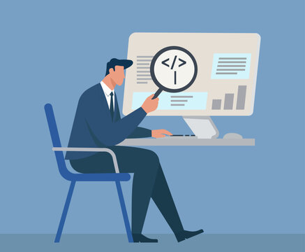 Developer Inspecting Code: Code Review, Software Audit, Bug Tracking, Data Analytics, Program Optimization