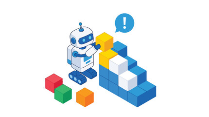 Obraz premium Machine learning robot building blocks in isometric flat vector style for technology education