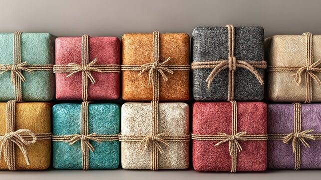 Assortment of neatly wrapped, square gifts with jute twine bows against a neutral backdrop