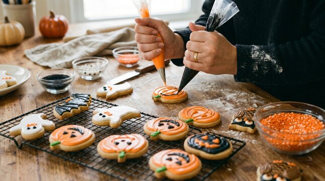 Person decorating Halloween cookies with icing