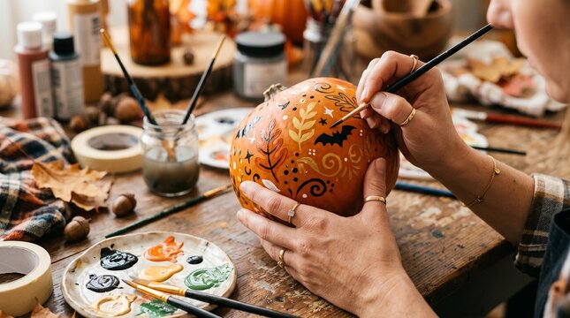 Woman painting a pumpkin with fall and Halloween designs