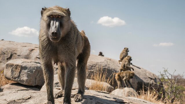 A large wild baboon standing on a rocky cliff in the african savanna with other primates in the blurred background under a bright blue sky during a sunny day in the wilderness