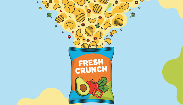 Colorful bag of fresh crunch potato chips exploding with ripples of crispy snacks, fresh avocado, bell pepper, and lettuce greens.