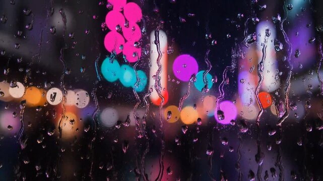 Rainy night city lights through wet window.