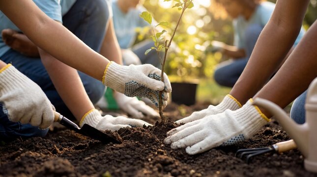 Community volunteers working together to plant a new tree sapling in the park.
