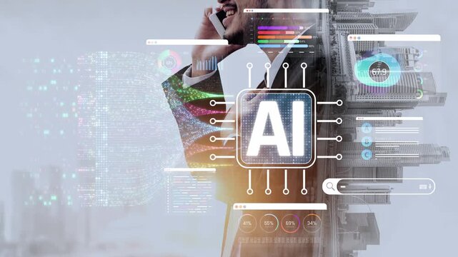Business professional on phone discussing artificial intelligence, modern technology, digital data, and urban environment in a futuristic setting Sigmoid