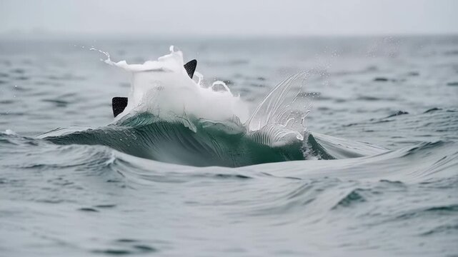 Atlantic common dolphin leaps majestically from ocean water, splashing gracefully during dynamic daytime display.