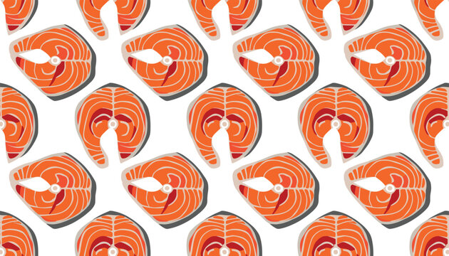 Delicious seamless pattern of fresh orange salmon fish steaks with shadows on a clean white background texture.