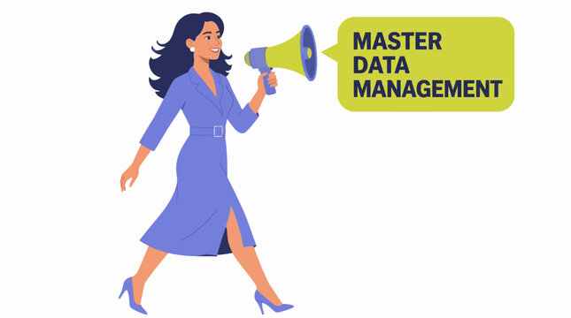 Businesswoman holding megaphone for data management announcement.