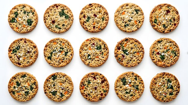 Fifteen round, savory crackers or biscuits with visible herbs and seeds arranged in neat rows on a clean white background.