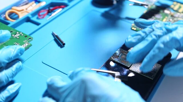 Technician assembling and testing an electronic circuit board in a high tech laboratory, representing semiconductor engineering, electronics manufacturing, precision technology and hardware developmen