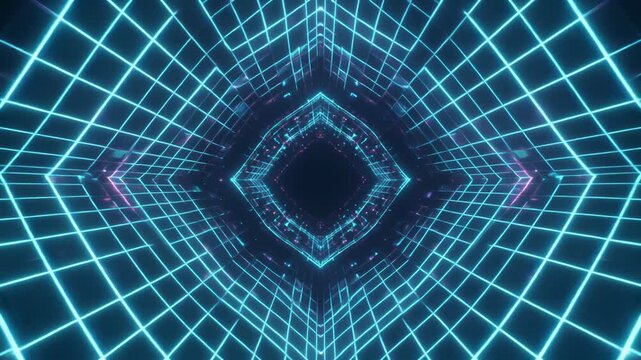Futuristic neon grid background with symmetrical diamond pattern, dark blue and purple hues, glowing blue lines, abstract technology wallpaper, copy space for futuristic designs, vibrant colors