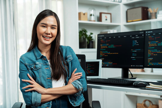 Young Asian in IT developer looking at camera to present with online information on pc with coding program data application, wearing jeans shirt. surround by safety analysis two screens. Stratagem.