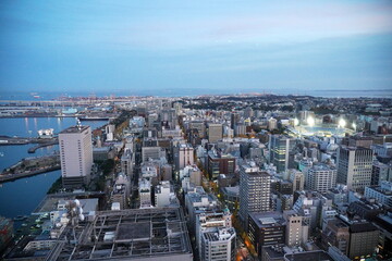 夜明け前の都市風景。海岸線に広がる港湾と高層ビル群、照明が輝くスタジアムが夜空に映る。 © BRUCE