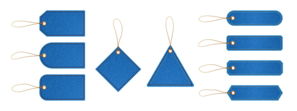 Set of colorful fabric gift tags with twine loops isolated on transparent background for packaging design use