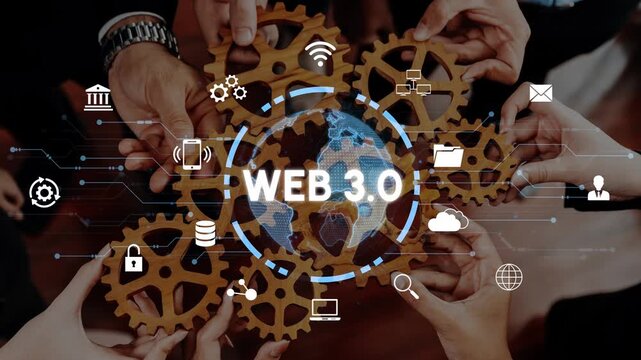 Hands Collaborating with Gears Representing Web 3.0 Concepts with Globe and Icons Signifying Connectivity and Technology in a Modern Workspace. Entropy.