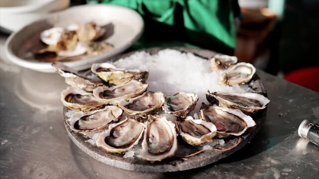 Fresh oysters served on ice a close up of delicious seafood presented beautifully for dining.