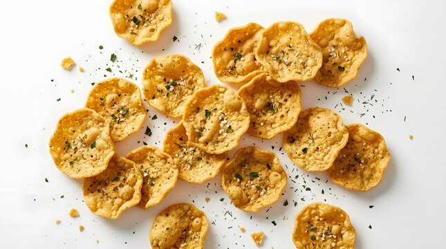 A scattering of golden, crispy fried tortilla chips seasoned with herbs and spices, presented on a clean white background.