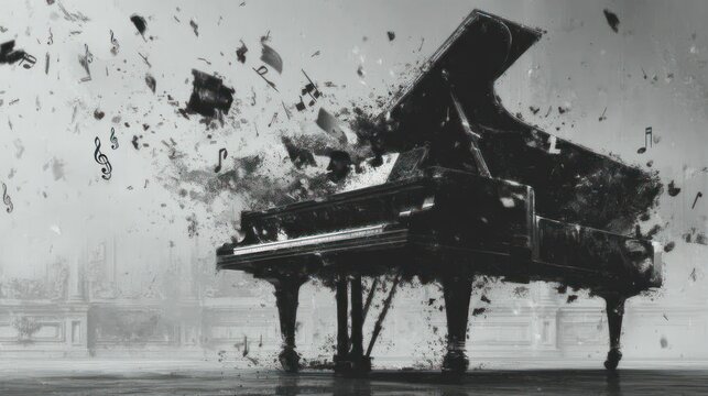 Black and white grand piano disintegrating, notes floating, abstract concept