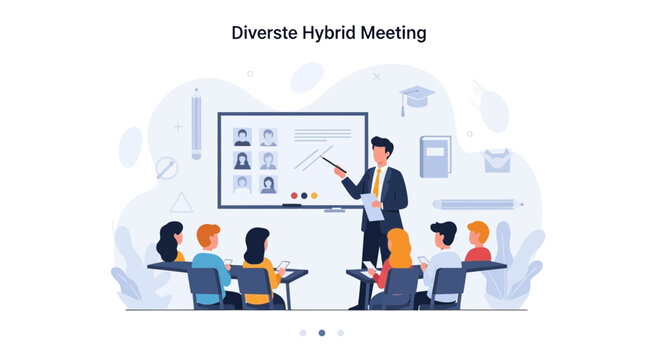 Diverse Hybrid Meeting: Teacher instructing students in a classroom with remote participants on screen