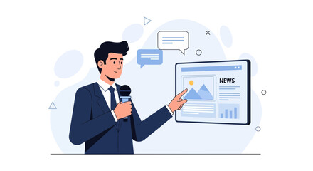 Fototapeta premium Male news anchor with microphone presenting news on a digital screen with charts and images, concept for broadcast journalism.