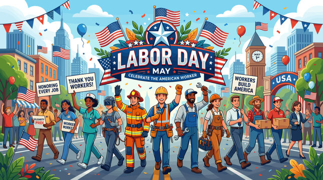 Labor Day Parade with Diverse Workers and Festive Float Celebration