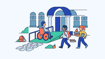 Obraz premium Back to school students with diverse needs entering building with accessibility ramp