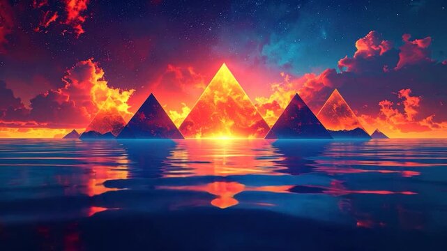 Geometric pyramids reflecting in water under a vibrant, fiery sky