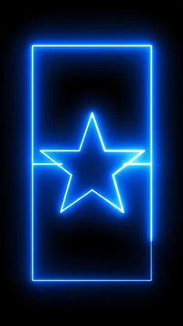 Blue neon star in rectangular frame on black