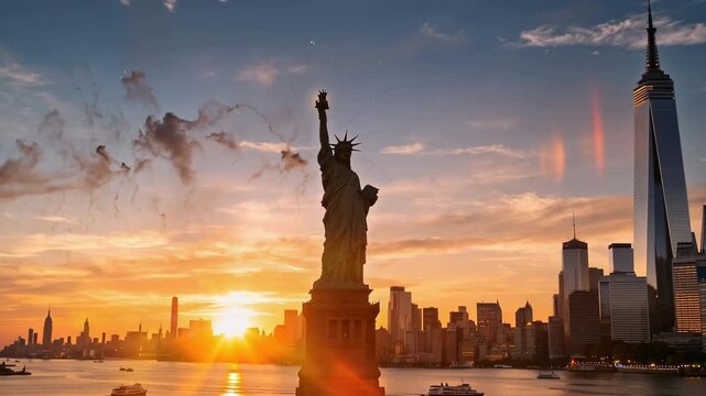 Iconic Statue of Liberty silhouette with vibrant sunset sky and celebratory fireworks over New York City skyline and harbor.
