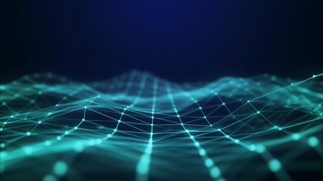 Futuristic glowing blue network grid with interconnected lines and dots on dark background, abstract technology wallpaper, cyberpunk vibe, neon-lit, high-tech, seamless pattern