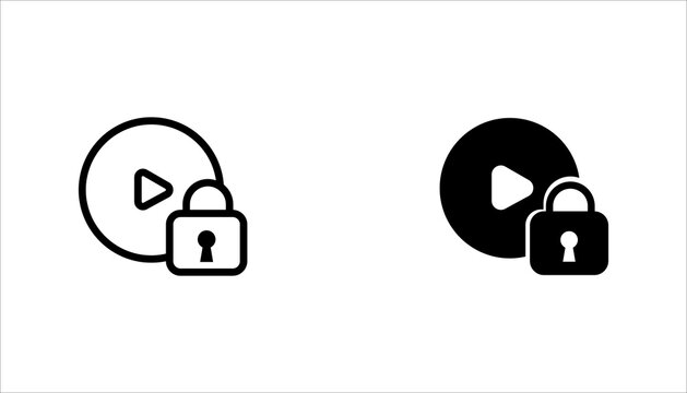 Outline icon showing video content protected by a security lock. Suitable for video privacy, digital rights management, secure streaming, protected media, and cybersecurity applications.