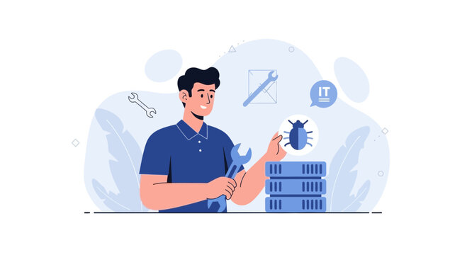IT Support Technician Fixing Computer Bug with Server and Tools - Vector Illustration