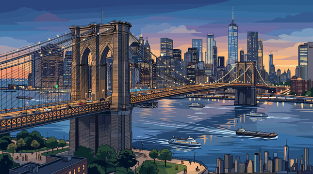 Scenic View of New York City Skyline and Brooklyn Bridge at Sunset
