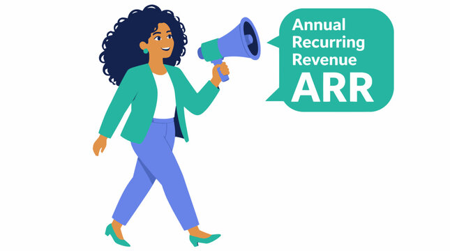 Woman holding megaphone announcing annual recurring revenue.