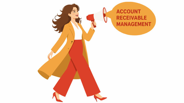 Woman in orange suit holding account receivable sign.