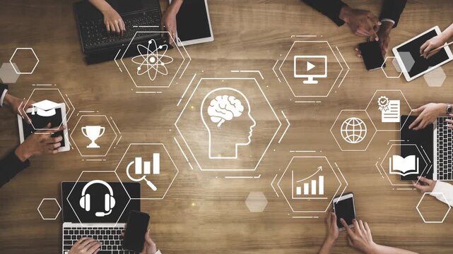 Diverse Hands Engaging with Technology and Innovation Symbols Over a Wooden Table Representing Modern Learning and Collaboration in a Creative Workspace Gluon.